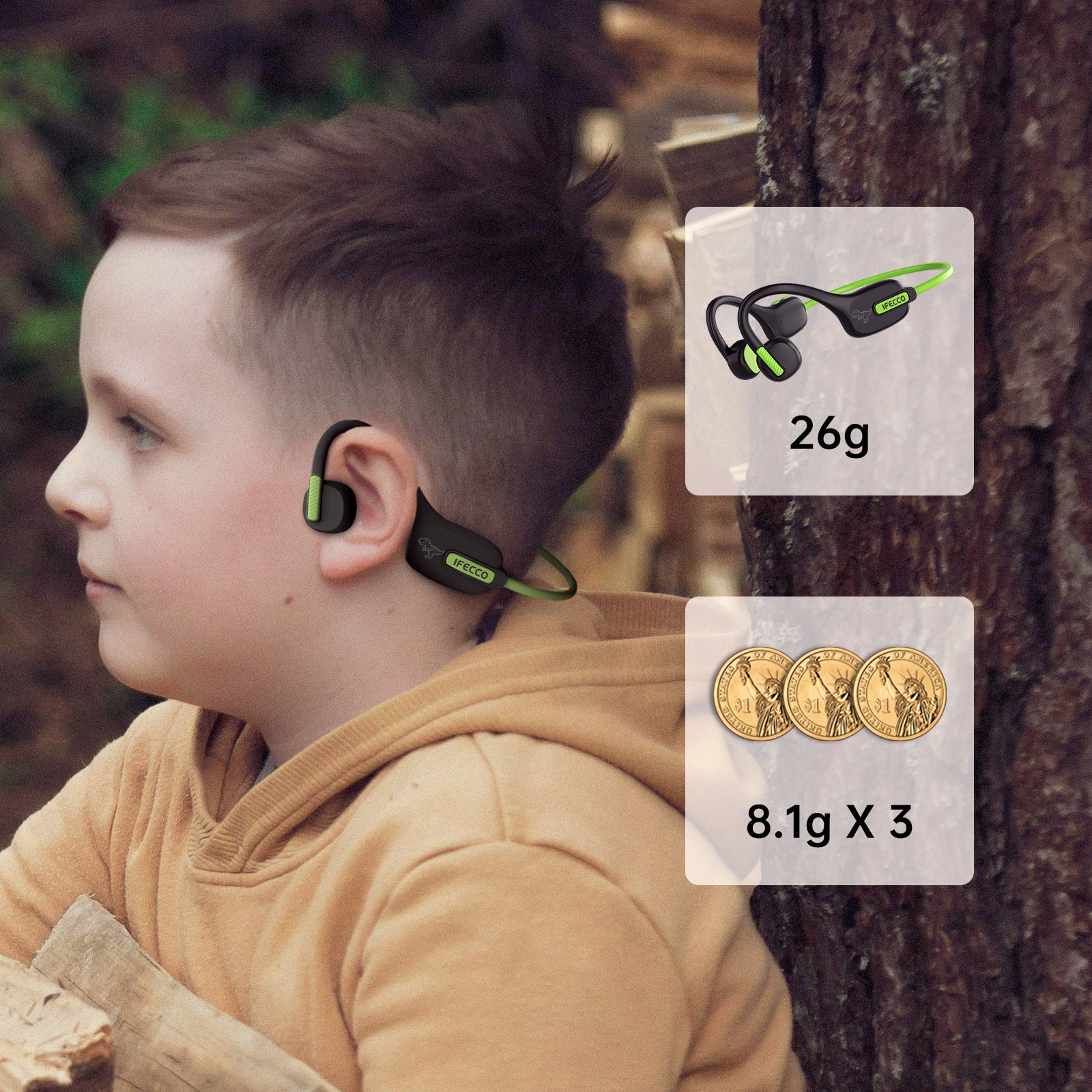 IFECCO X11-Green Kids Open Ear Headphones - Kids Girls Bluetooth 5.3 Conduction Headphones with Mic,Ultra-Light,IPX5 Waterproof and Safer for Children Wireless Headphones,Perfect for School Travel Gifts (Green)