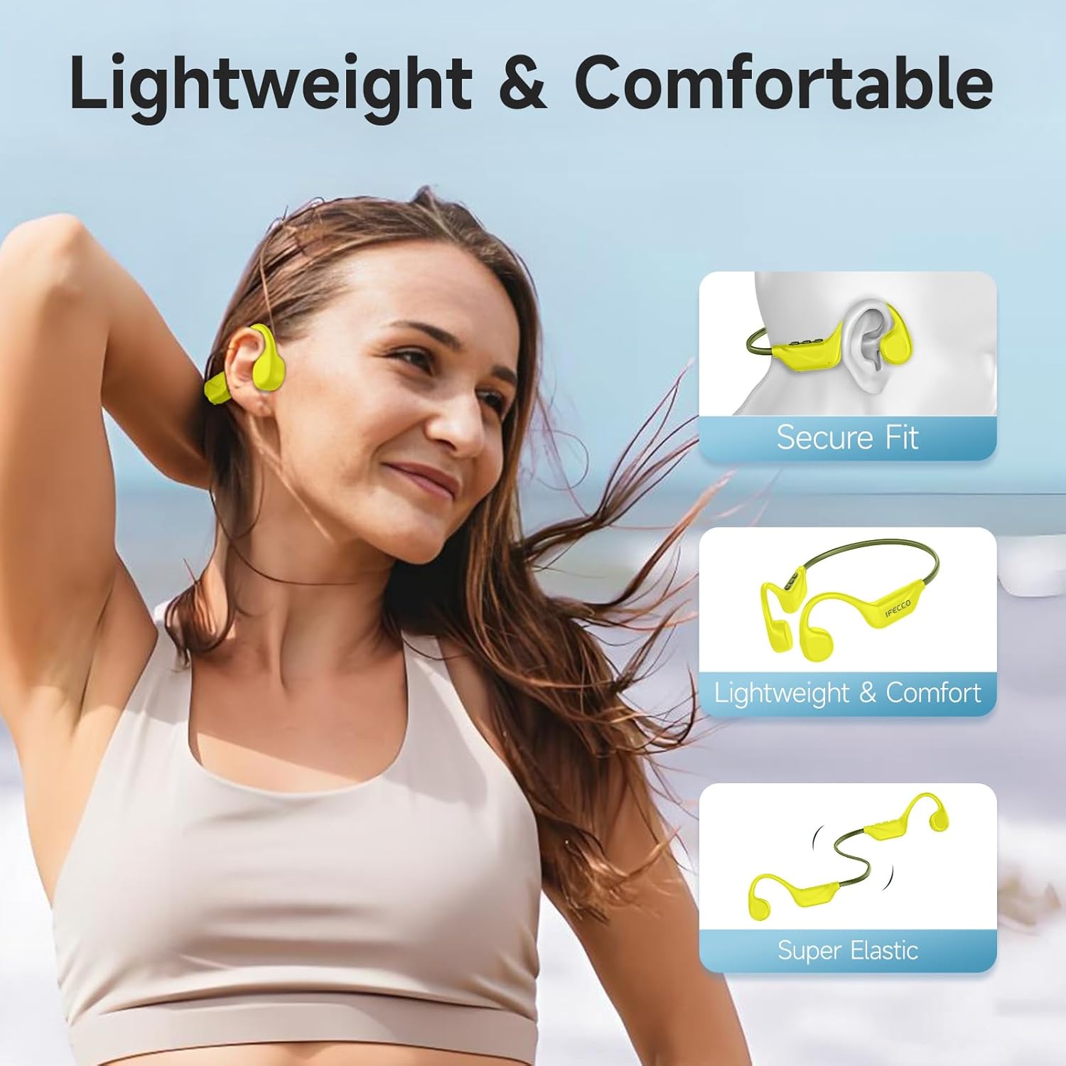 IFECCO Bone Conduction Headphones Bluetooth 5.4 - Wireless Open Ear Headphones with Mic,IPX5 Waterproof Bone Conduction Earbuds 10H Playtime for Cycling Running Hiking Bicycle