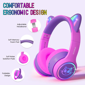 I love e iFecco Kids Headphones with Microphone Light Up Cat Ear Bluetooth Wireless Headset Volume-limiting for Girls Boys for School with Case