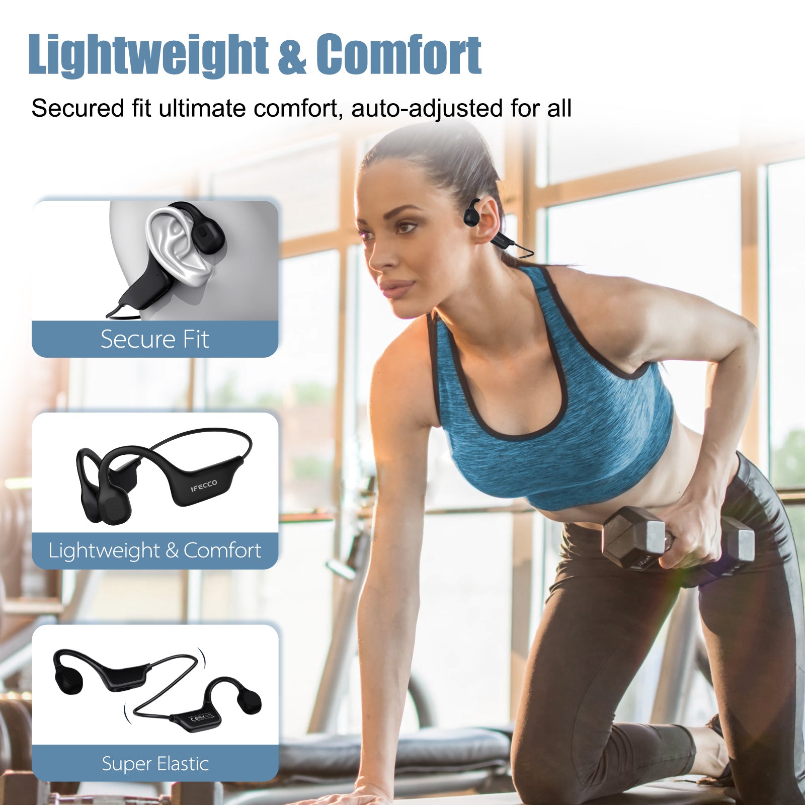 IFECCO Bone Conduction Headphones Bluetooth - Wireless Open Ear Headphones with Mic,IPX5 Waterproof Bluetooth Headphones for Cycling Running Hiking Bicycle