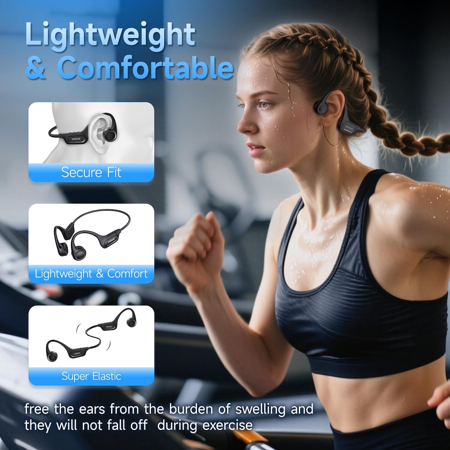 IFECCO Bone Conduction Headphones Bluetooth 5.4 - Wireless Open Ear Headphones with Mic,IPX6 Waterproof Bone Conduction Earbuds 10H Playtime for Cycling Running Bicycle Hiking