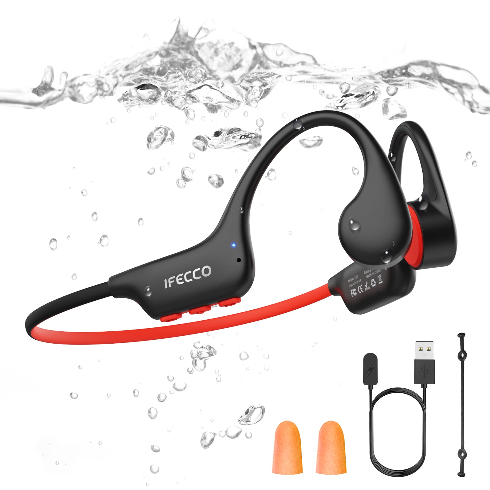 IFECCO X27-Black Swimming Headphones Bluetooth 6.0 - IP68 Waterproof Bone Conduction Headphones,Swimming Earbuds Underwater with 8G MP3 for Running Cycling Sports